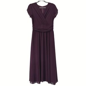 IBTOM CASTLE Dress Womens‎ L Plum Purple Maxi Chiffon V Neck Short Sleeve Ruched